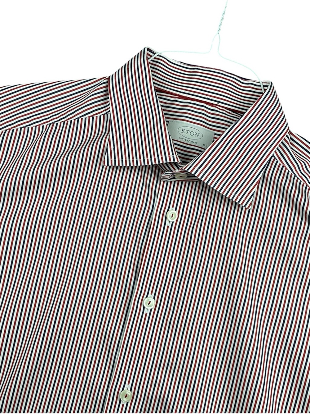 Eton Contemporary Non-Iron Cotton White Red Blue Striped Dress Shirt 17.5 44